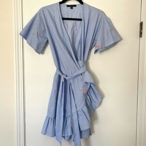 ROMEO & JULIET COUTURE Blue & White Striped Wrap Dress With Flamingos Size Small